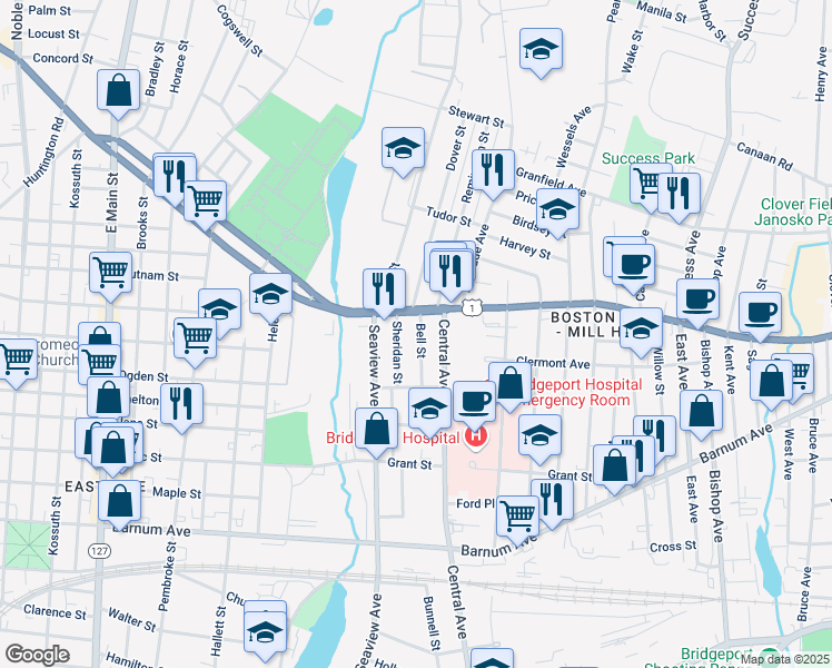 map of restaurants, bars, coffee shops, grocery stores, and more near 111 Bell Street in Bridgeport