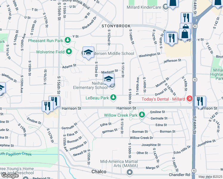 map of restaurants, bars, coffee shops, grocery stores, and more near 15130 Drexel Street in Omaha
