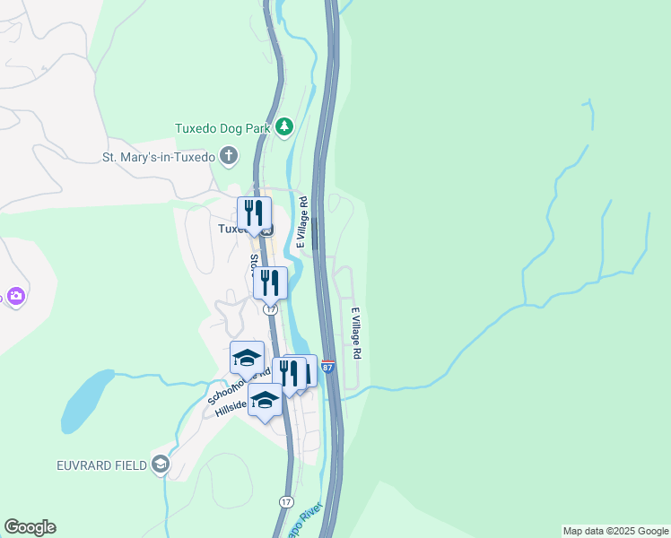map of restaurants, bars, coffee shops, grocery stores, and more near 77 East Village Road in Tuxedo Park