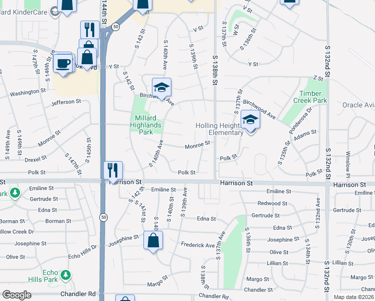 map of restaurants, bars, coffee shops, grocery stores, and more near 13924 Monroe Street in Omaha