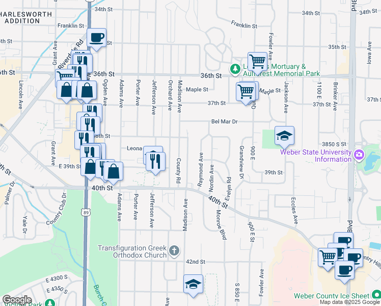 map of restaurants, bars, coffee shops, grocery stores, and more near 3850 Madison Avenue in Ogden