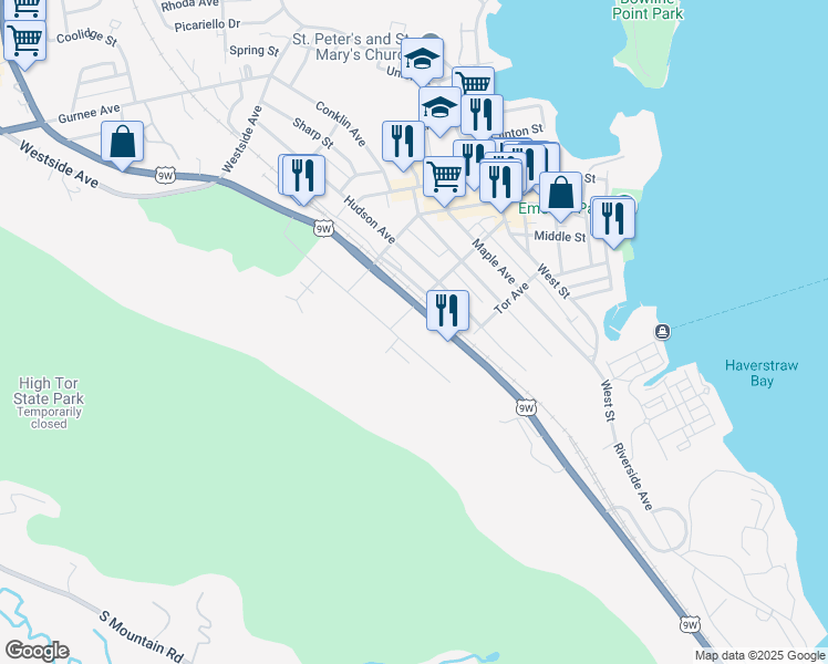 map of restaurants, bars, coffee shops, grocery stores, and more near 1 Route 9W in Haverstraw