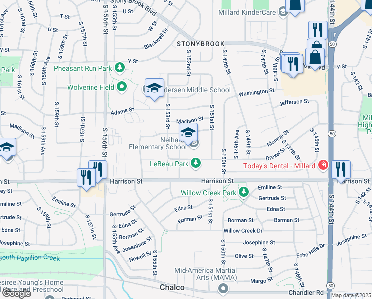 map of restaurants, bars, coffee shops, grocery stores, and more near 15130 Drexel Street in Omaha