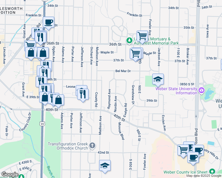 map of restaurants, bars, coffee shops, grocery stores, and more near 3880 Raymond Avenue in South Ogden