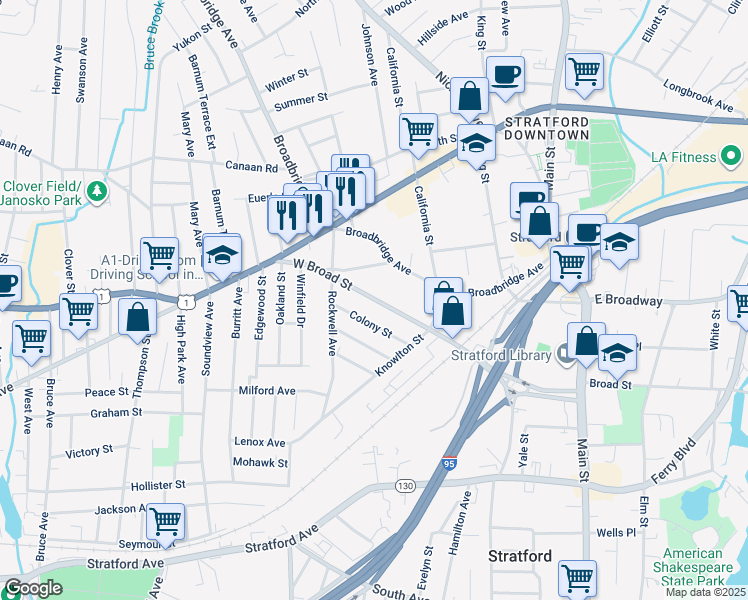 map of restaurants, bars, coffee shops, grocery stores, and more near 1573 West Broad Street in Stratford