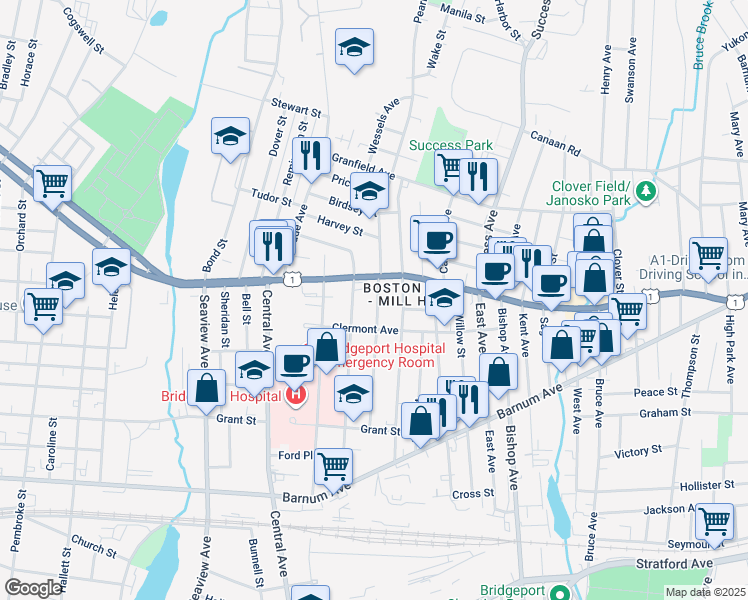 map of restaurants, bars, coffee shops, grocery stores, and more near 314 Judson Place in Bridgeport
