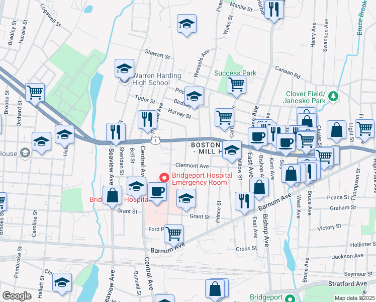 map of restaurants, bars, coffee shops, grocery stores, and more near 423 Ridgefield Avenue in Bridgeport