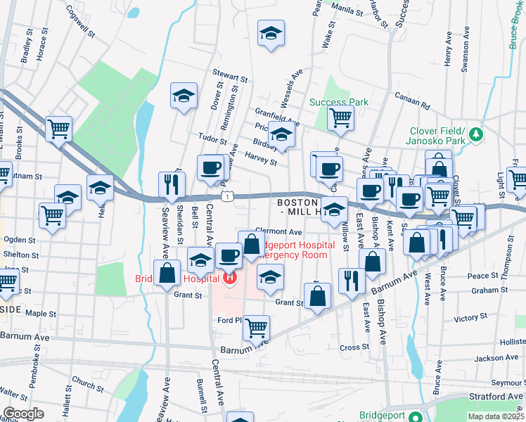 map of restaurants, bars, coffee shops, grocery stores, and more near 423 Ridgefield Avenue in Bridgeport
