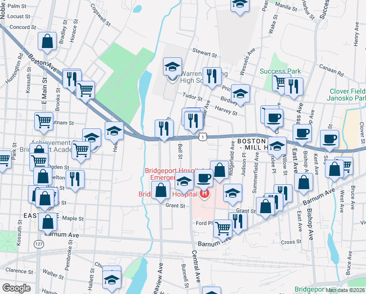 map of restaurants, bars, coffee shops, grocery stores, and more near 123 Bell Street in Bridgeport