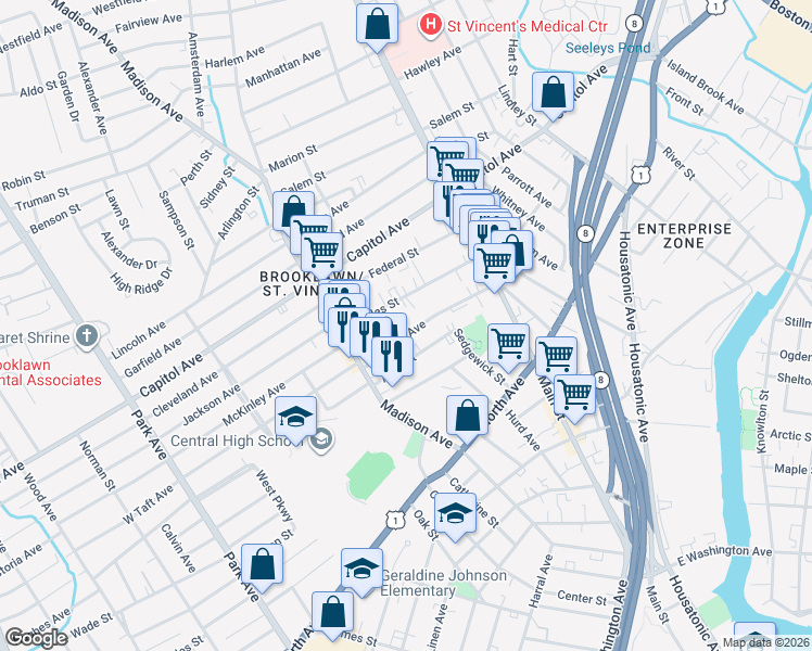 map of restaurants, bars, coffee shops, grocery stores, and more near 170 Wheeler Avenue in Bridgeport