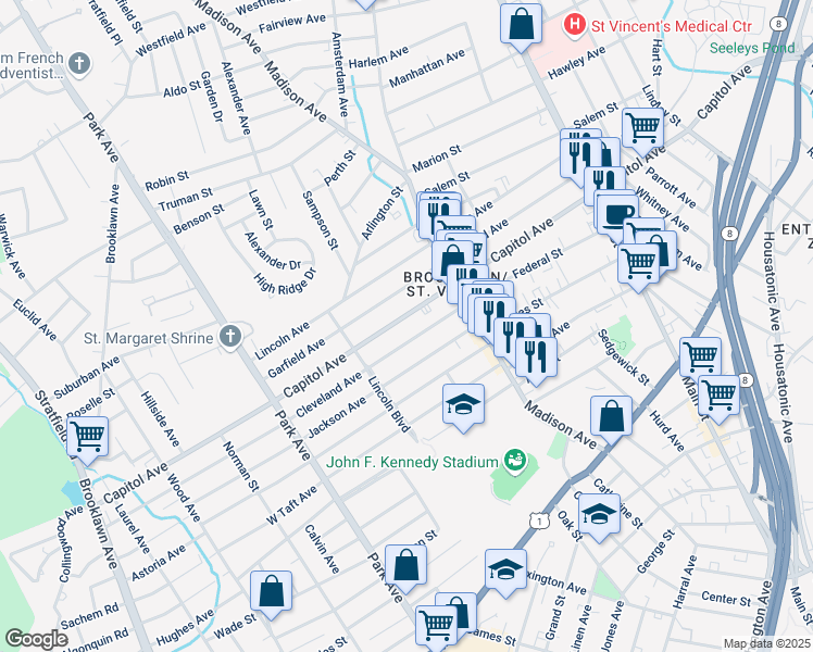 map of restaurants, bars, coffee shops, grocery stores, and more near 967 Capitol Avenue in Bridgeport