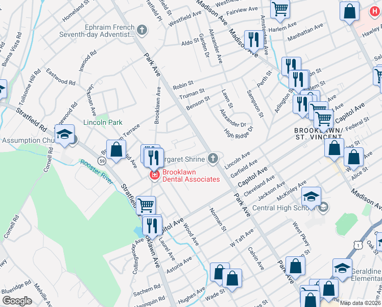 map of restaurants, bars, coffee shops, grocery stores, and more near 66 Suburban Avenue in Bridgeport