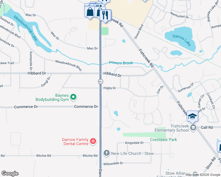 map of restaurants, bars, coffee shops, grocery stores, and more near 1827 Higby Drive in Stow
