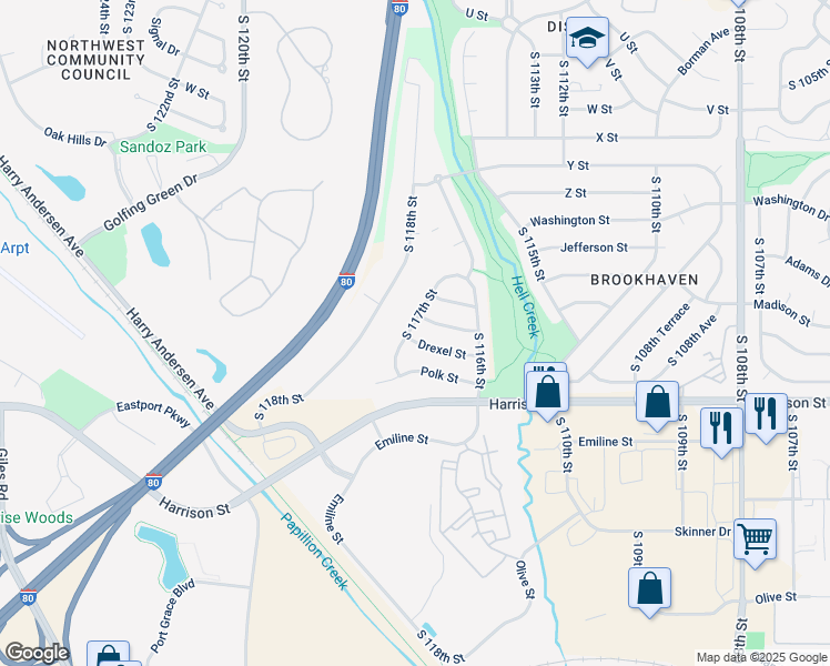map of restaurants, bars, coffee shops, grocery stores, and more near 6624 South 117th Street in Omaha