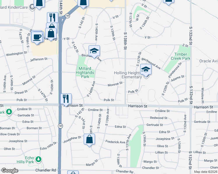 map of restaurants, bars, coffee shops, grocery stores, and more near 13924 Monroe Street in Omaha