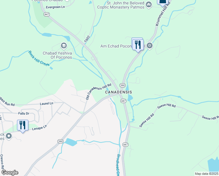 map of restaurants, bars, coffee shops, grocery stores, and more near 2436 Old Canadensis Hill Rd in Cresco