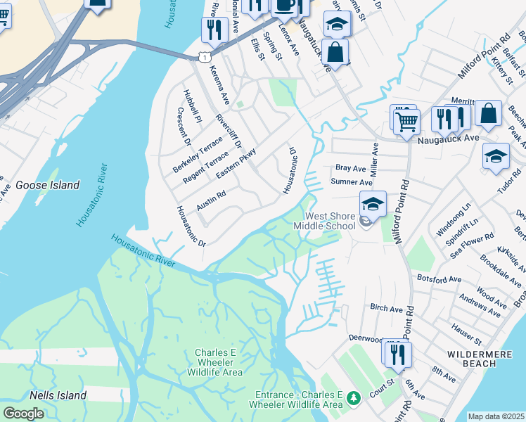 map of restaurants, bars, coffee shops, grocery stores, and more near 359 Housatonic Drive in Milford