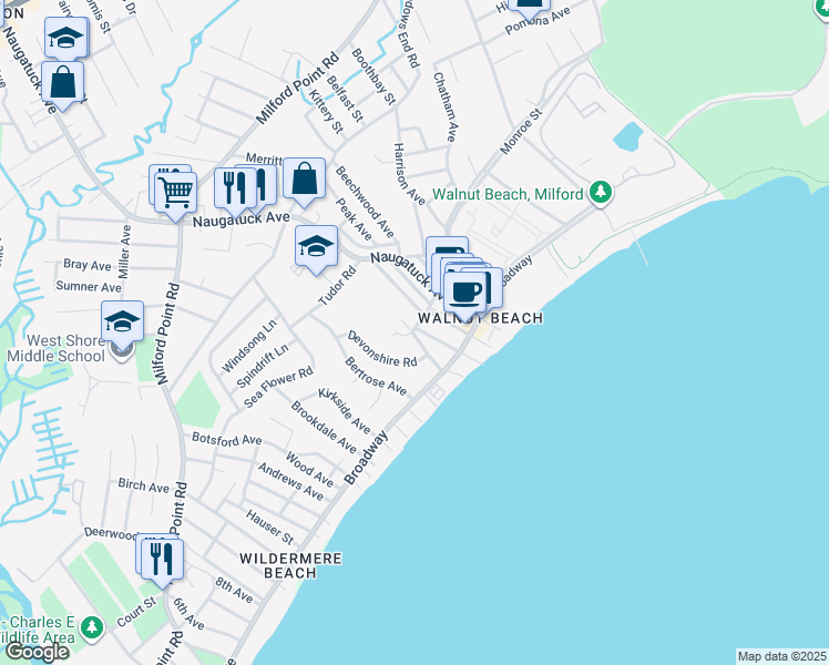 map of restaurants, bars, coffee shops, grocery stores, and more near 74 Stowe Avenue in Milford