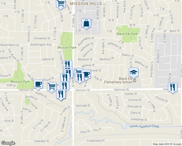 map of restaurants, bars, coffee shops, grocery stores, and more near 6716 South 165th Avenue in Omaha