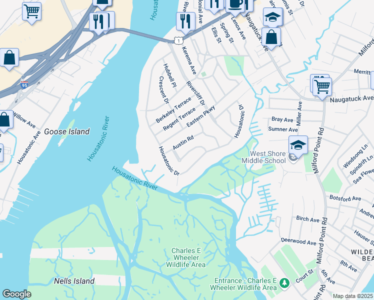 map of restaurants, bars, coffee shops, grocery stores, and more near 56 Kohary Drive in Milford