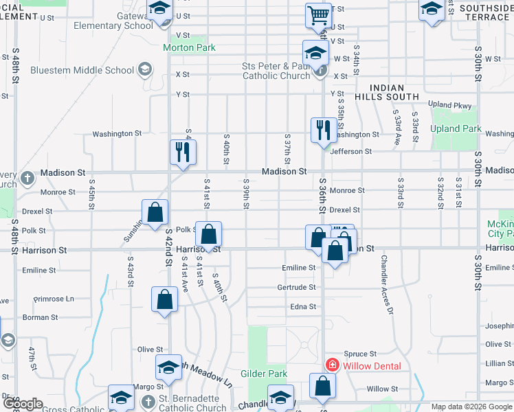 map of restaurants, bars, coffee shops, grocery stores, and more near 3832 Drexel Street in Omaha
