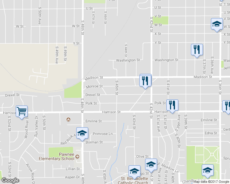 map of restaurants, bars, coffee shops, grocery stores, and more near 6616 South 45th Street in Omaha