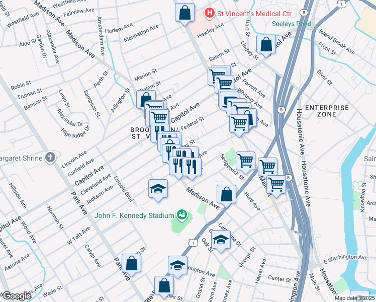 map of restaurants, bars, coffee shops, grocery stores, and more near 33 Harvard Street in Bridgeport