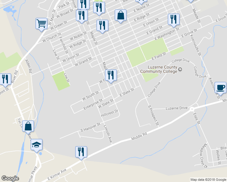 map of restaurants, bars, coffee shops, grocery stores, and more near 1215 South Hanover Street in Nanticoke