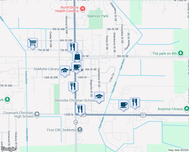 map of restaurants, bars, coffee shops, grocery stores, and more near 10th Street in De Motte