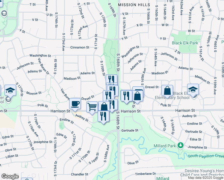 map of restaurants, bars, coffee shops, grocery stores, and more near 6610 South 168th Street in Omaha