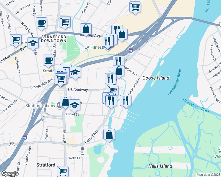 map of restaurants, bars, coffee shops, grocery stores, and more near 265 Ferry Boulevard in Stratford