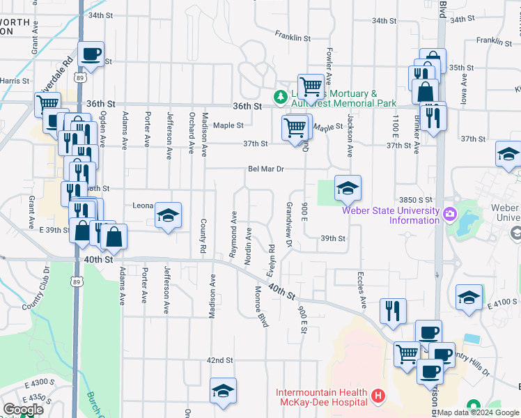 map of restaurants, bars, coffee shops, grocery stores, and more near 3860 Oram Circle in South Ogden
