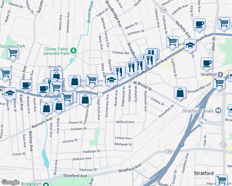 map of restaurants, bars, coffee shops, grocery stores, and more near 1895 Barnum Avenue in Stratford