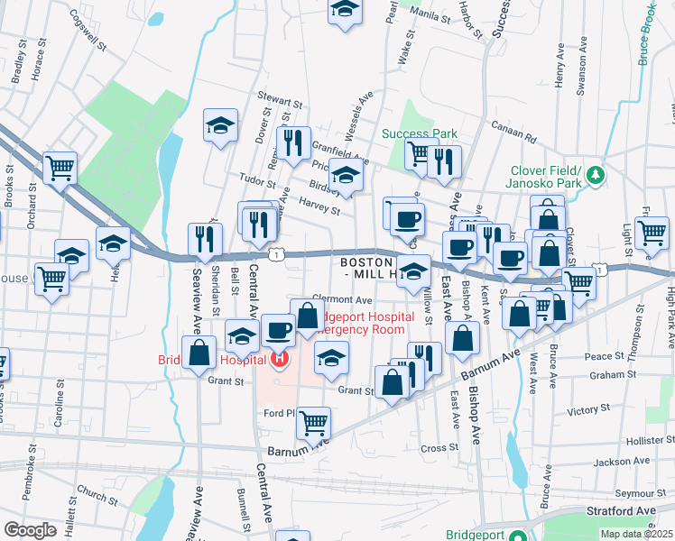 map of restaurants, bars, coffee shops, grocery stores, and more near 423 Ridgefield Avenue in Bridgeport