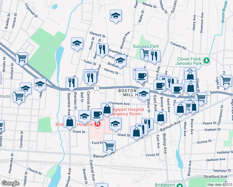 map of restaurants, bars, coffee shops, grocery stores, and more near 423 Ridgefield Avenue in Bridgeport