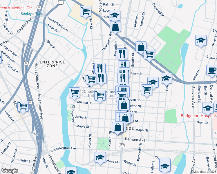 map of restaurants, bars, coffee shops, grocery stores, and more near 830 Noble Avenue in Bridgeport