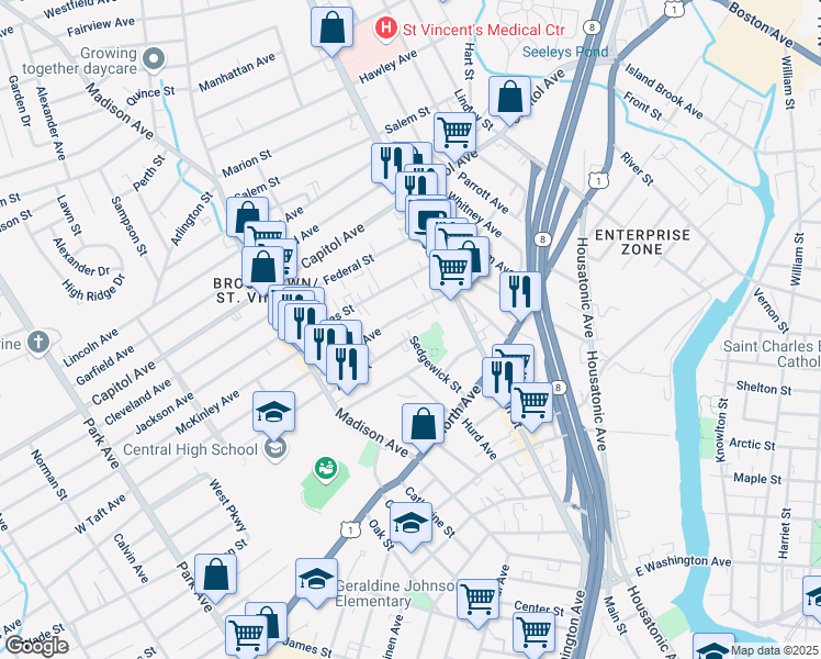 map of restaurants, bars, coffee shops, grocery stores, and more near 75 Wheeler Avenue in Bridgeport