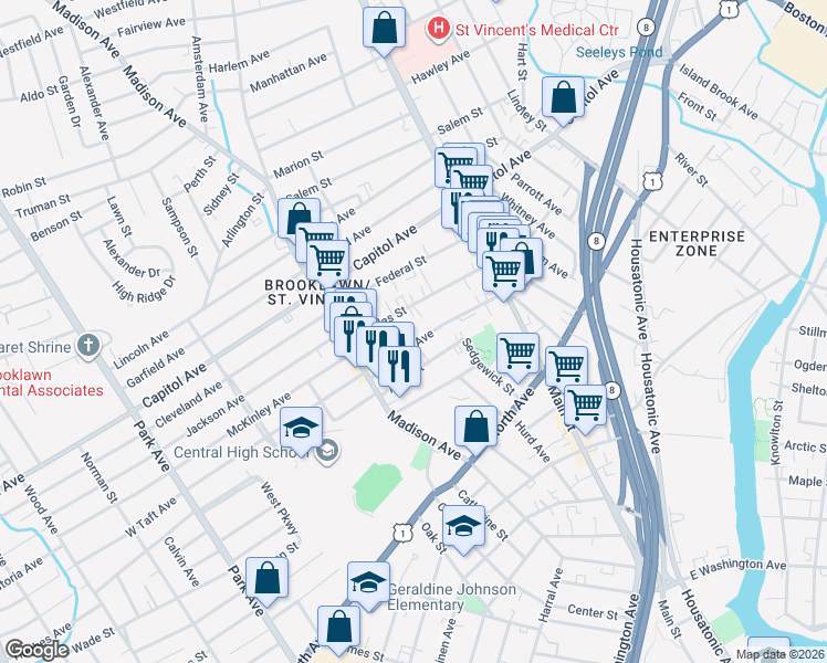 map of restaurants, bars, coffee shops, grocery stores, and more near 170 Wheeler Avenue in Bridgeport