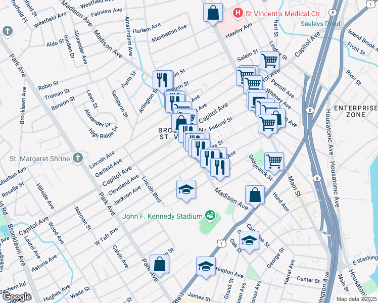 map of restaurants, bars, coffee shops, grocery stores, and more near 39 Cleveland Avenue in Bridgeport