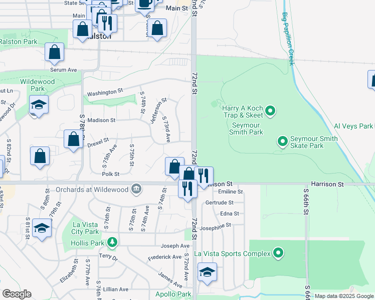 map of restaurants, bars, coffee shops, grocery stores, and more near 6705 South 73rd Avenue in Ralston