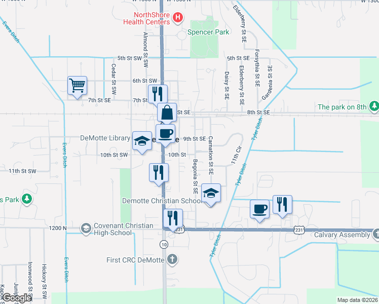 map of restaurants, bars, coffee shops, grocery stores, and more near 226 10th Street in De Motte