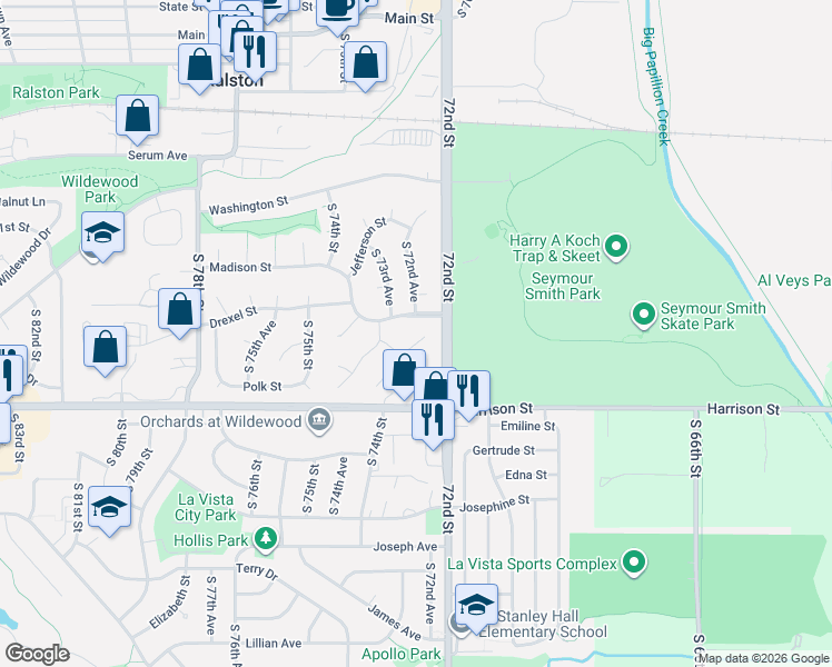 map of restaurants, bars, coffee shops, grocery stores, and more near 7263 Drexel Street in Ralston