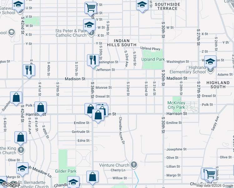 map of restaurants, bars, coffee shops, grocery stores, and more near 3336 Drexel Street in Omaha