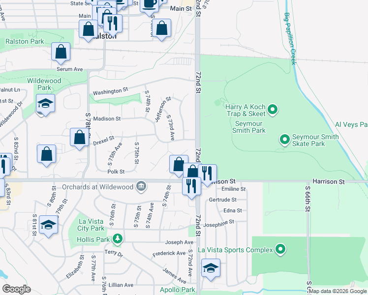 map of restaurants, bars, coffee shops, grocery stores, and more near 6710 South 73rd Circle in Ralston