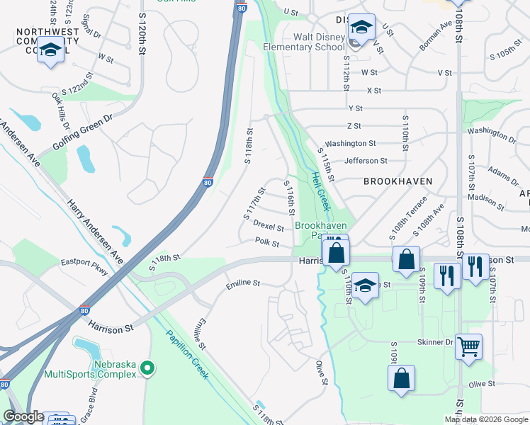 map of restaurants, bars, coffee shops, grocery stores, and more near 11631 Monroe Street in Omaha