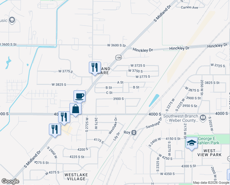map of restaurants, bars, coffee shops, grocery stores, and more near C Street in Roy