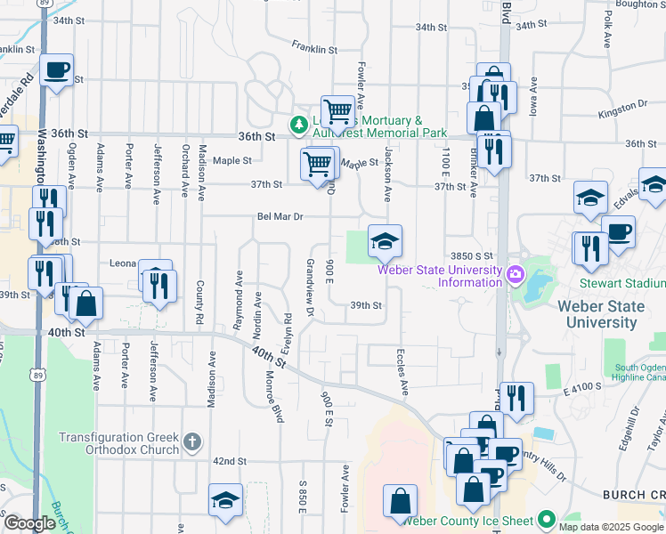 map of restaurants, bars, coffee shops, grocery stores, and more near 3828 Quincy Avenue in Ogden