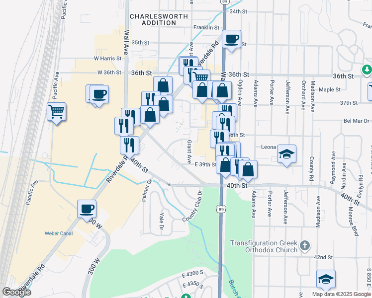 map of restaurants, bars, coffee shops, grocery stores, and more near 3857 Grant Avenue in Ogden