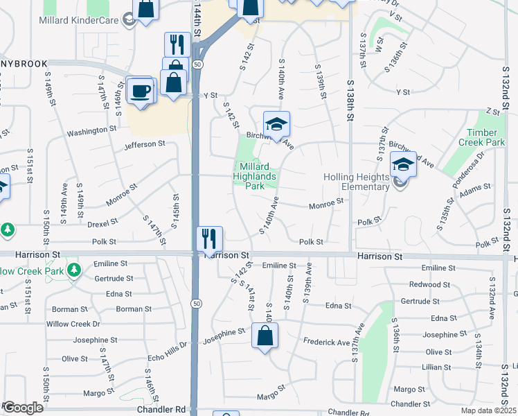 map of restaurants, bars, coffee shops, grocery stores, and more near 14068 Drexel Circle in Omaha