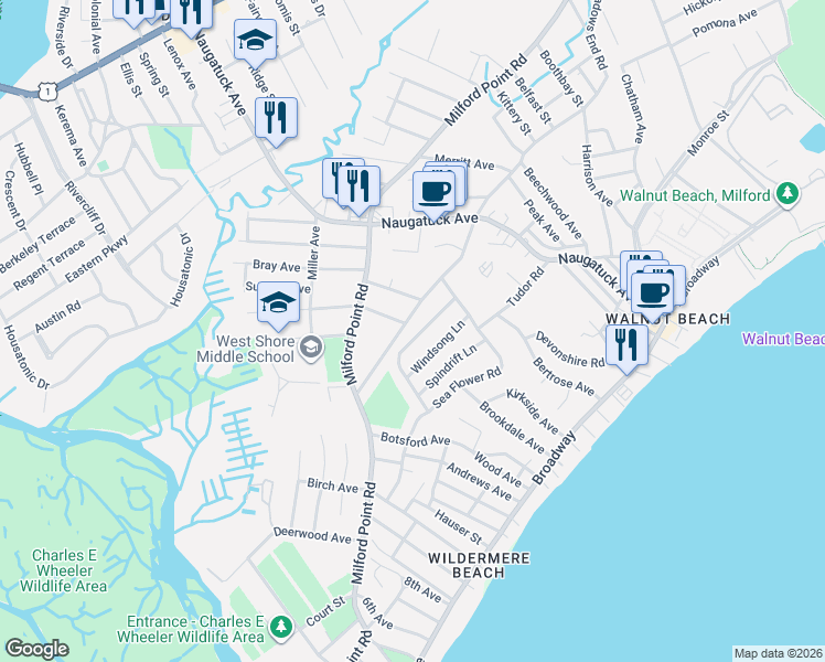 map of restaurants, bars, coffee shops, grocery stores, and more near 70 Morning Mist Road in Milford